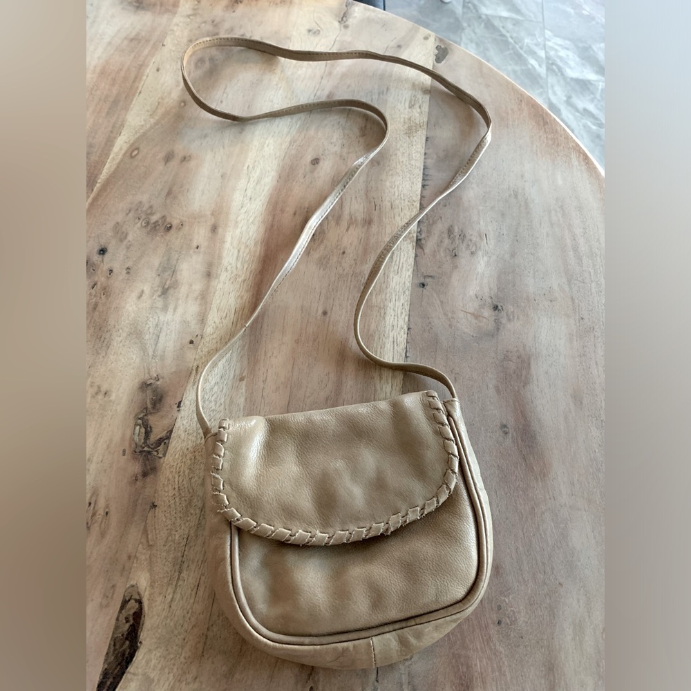 Vintage Small Tan Camel Leather Cross Body Purse Handbag Made in India Braided